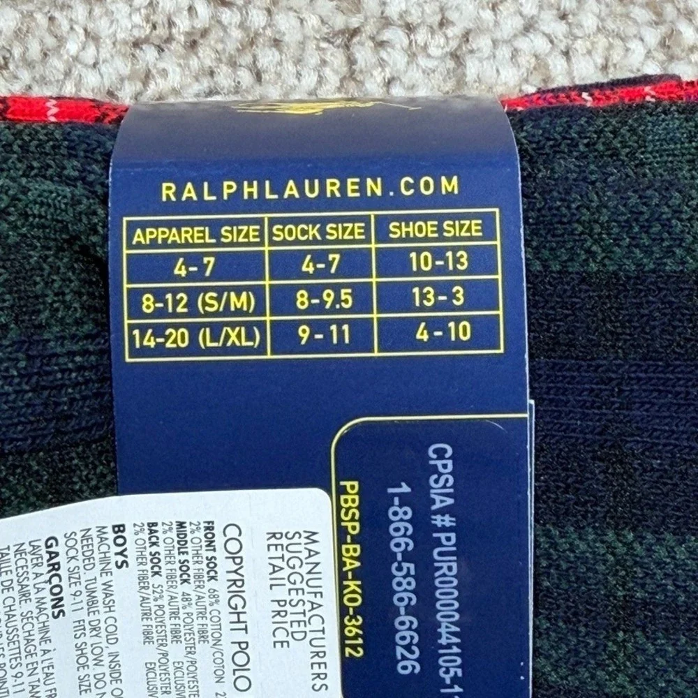 Polo Ralph Lauren 3 Pack Boys Polo Bear Plaid Crew Socks Size 9-11 Shoe 4-10 NEW